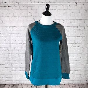 BNWT Size S teal sweater with gray sleeves